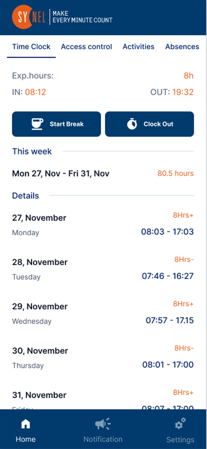 Écran de pointage de l’application mobile Synel